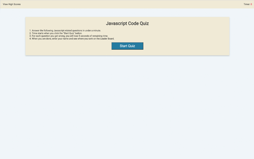 Beige background, with a header saying Javascript Code Quiz. 4 statements describing the timed nature of the quiz, followed by a blue button that says start.