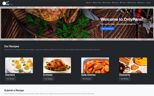 Dark gray header with navigation options, large photo of a Thanksgiving spread where a large turkey is the centerpiece.