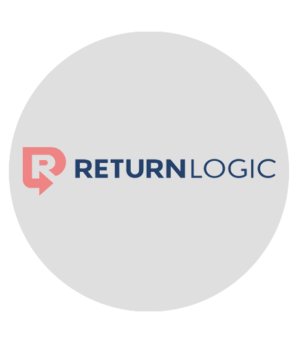 Pink and blue ReturnLogic logo inside circular container.